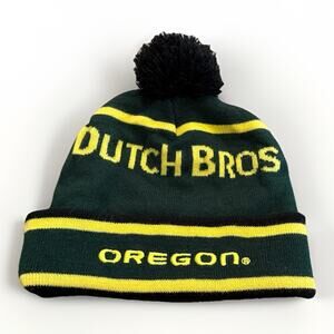 Dutch Bros Unisex Green Yellow Oregon Ducks Theme Beanie Cuffed Knit Black Pom